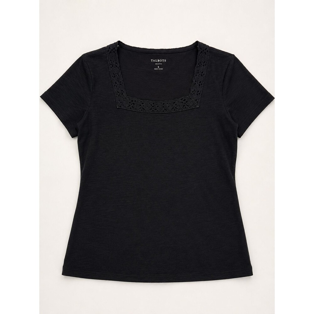 Talbots Black Cotton Top S Square Neck Crochet Trim Short Sleeve Knit Tee
